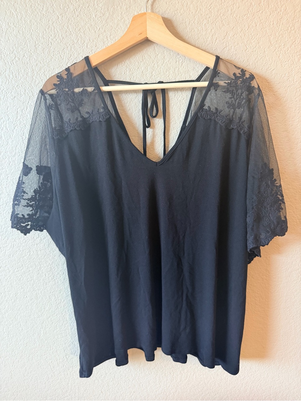Willow Black V-Neck Top with Sheer Lace Yoke